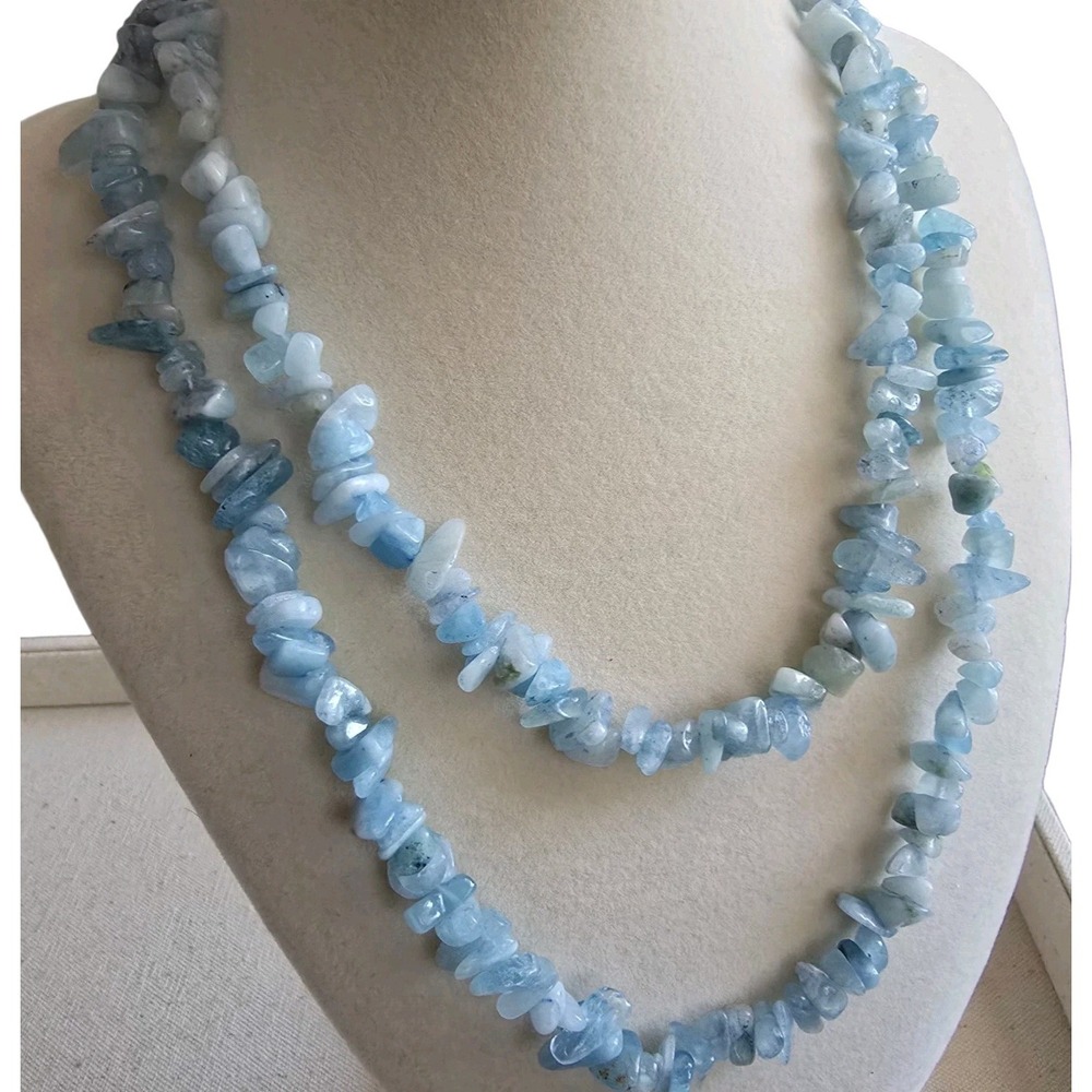36" Aquamarine Chip Bead Necklace – Natural Blue Gemstone Strand - Picture 2 of 10